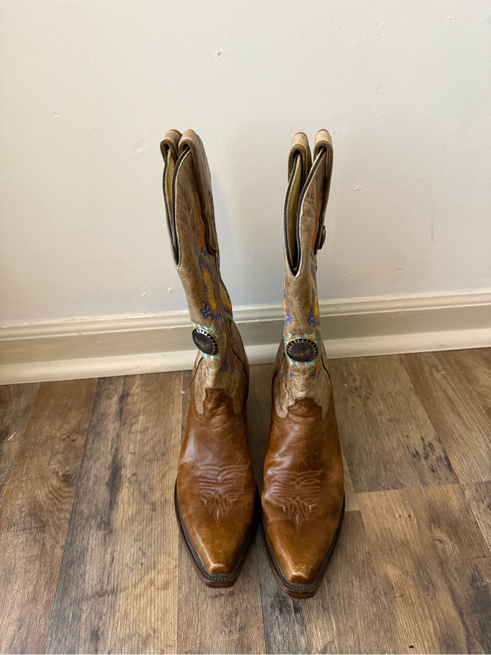 Corral Brown Leather Cowboy Boots with Blue & Yellow Embroidery and Silver - Picture 5 of 9